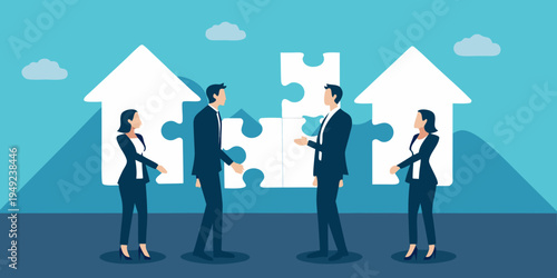 Business professionals connecting puzzle pieces symbolizing teamwork and successful collaboration