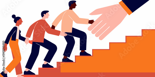 A helping hand guides people up a staircase toward success