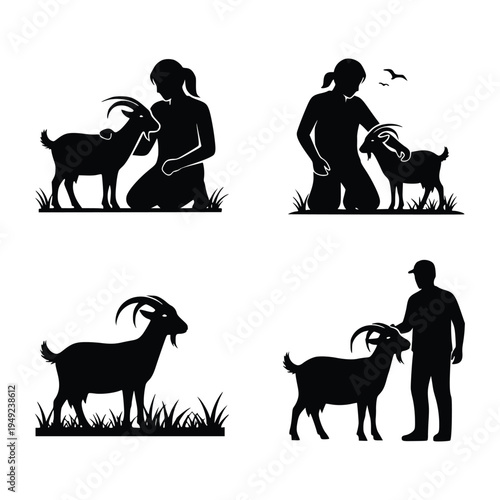 Silhouettes of people caring for goats in a rural field setting
