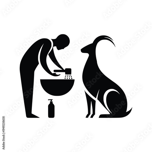 Farmer washing hands for hygiene next to a goat silhouette
