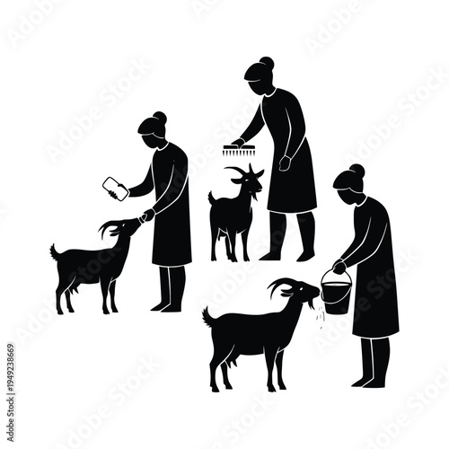 Group of women interacting with goats on a traditional dairy farm
