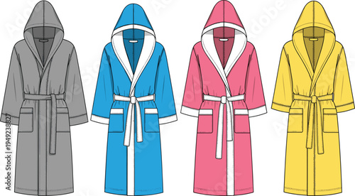 Unisex hooded bathrobe fashion sketch, waist tie belt, front pockets, cozy loungewear, color variations apparel illustration - flavector