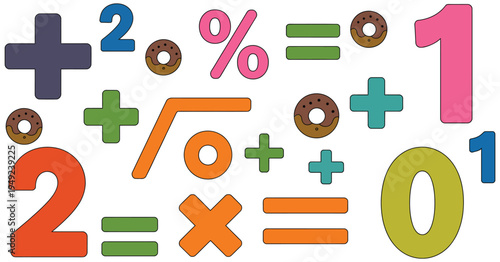 Math symbols and numbers colorful education school mathematic vector illustration, bright arithmetic signs and numeric characters for learning materials, classroom posters, children education design 