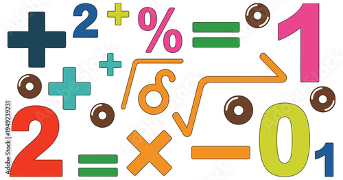 Math symbols and numbers colorful education school mathematic illustration, playful arithmetic symbols and numbers for children learning design, classroom posters, school worksheets and educational 