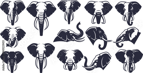 Collection of fourteen stylized elephant head and profile illustrations for wildlife, logo and educational vector design projects