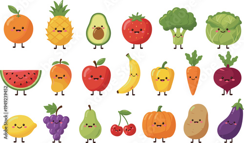 Huge collection of cute kawaii fruit and vegetable characters with happy smiling faces for children educational healthy food diet design