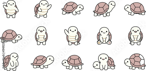 Grid of sixteen cartoon turtle illustrations in playful poses with beige bodies and pinkish shells for children’s vector design projects