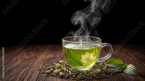 Hot green tea in clear glass cup with steam relaxing healthy drink close up