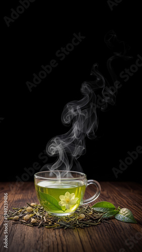 Hot green tea in clear glass cup with steam relaxing healthy drink close up