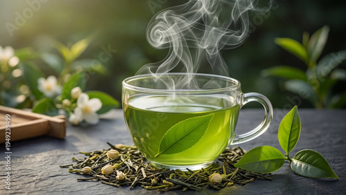 Hot green tea in clear glass cup with steam relaxing healthy drink close up