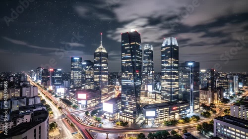 An aerial nighttime view of a city with glowing skyscrapers under a starry, cloudy sky