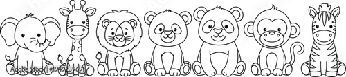 Cute Cartoon Baby Safari Animals Outline Collection with Elephant, Giraffe, Lion, Bear, Monkey and Zebra, Adorable Jungle Line Art Set for Kids Coloring