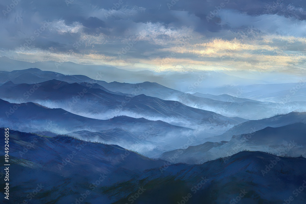 Obraz premium Misty Mountain Range at Dusk With Soft Golden Light Breaking Through Clouds Over a Valley Floor With Distant City Lights Below