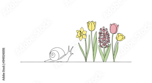 A cute, minimal line art illustration capturing the essence of spring with a snail and blooming flowers