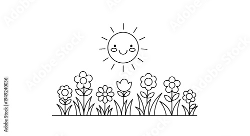 Cute minimal line art illustration of a happy sun shining over a row of spring flowers with grass