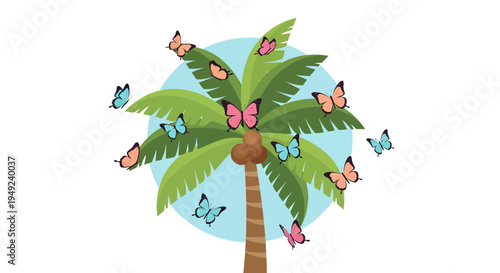 Vibrant Palm Tree Adorned with Numerous Colorful Butterflies.