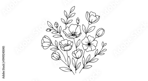 Cute Minimal Line Art Spring Floral Bouquet Illustration for Springtime Designs