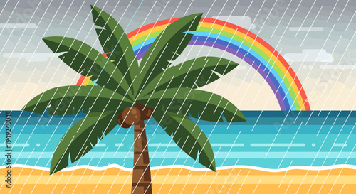 Vibrant Palm Tree Amidst Tropical Rain and Rainbow.