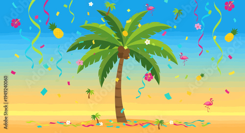 Vibrant Palm Tree with Tropical Decorations and Confetti.