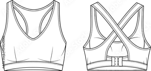 Women’s sports bra fashion sketch, scoop neckline, crisscross straps, hook-and-eye closure, technical activewear garment illustration - flavector