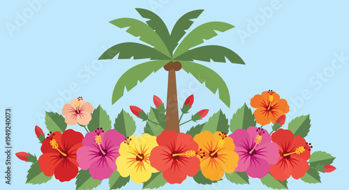 Vibrant Tropical Palm Tree with Colorful Hibiscus Flowers Border.