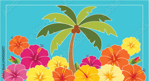 Vibrant Tropical Palm Tree Surrounded by Colorful Hibiscus Flowers.
