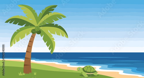 A cute cartoon turtle on a tropical beach.