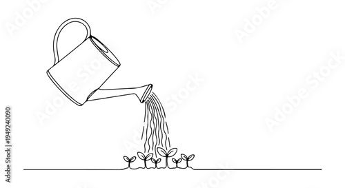 Minimalist cute line art illustration of a watering can showering new spring sprouts with water