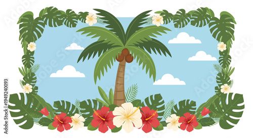 Vibrant Tropical Palm Tree with Lush Foliage and Exotic Flowers.