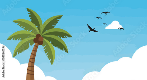 A solitary palm tree stands tall against a bright blue sky.