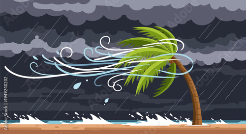 Palm tree bending in strong winds during a storm.