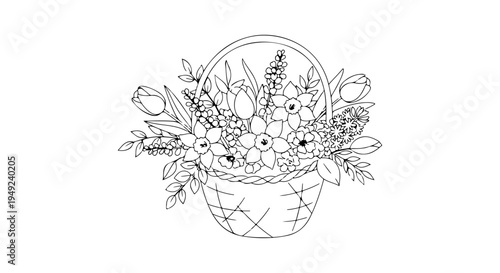 Cute Minimal Line Art Spring Flower Basket Illustration