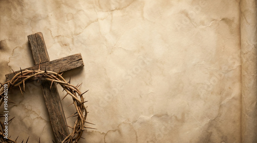 Crown of Thorns and Wooden Cross on Vintage Background Good Friday Concept