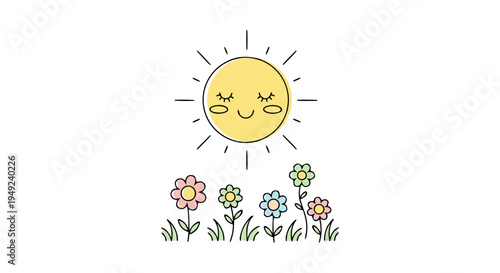 Cute minimal line art of a smiling sun over a field of colorful spring flowers