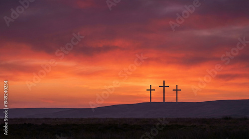 Silhouette of Three Crosses at Sunset Good Friday Christian Background