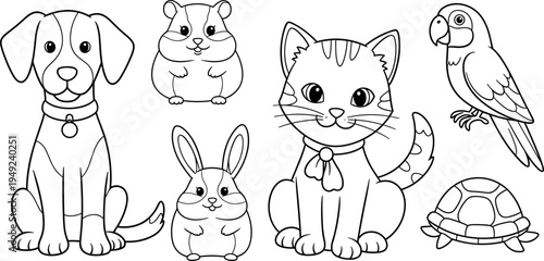 Cute Cartoon Pet Animals Outline Collection with Dog, Cat, Rabbit, Hamster, Parrot and Turtle, Adorable Domestic Animal Line Art Set for Kids Coloring