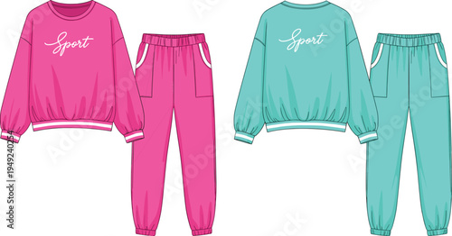Women’s sporty sweatshirt and jogger pants fashion sketch, casual athletic wear, elastic cuffs, pocket detailing apparel illustration - flavector