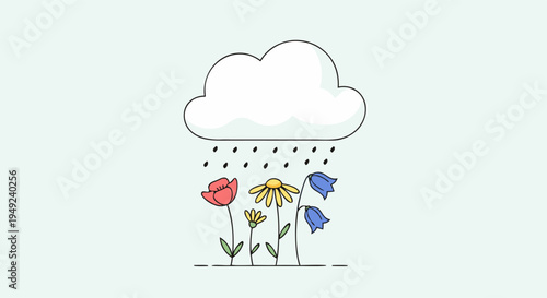 Cute minimal line art illustration of spring flowers under a rainy cloud