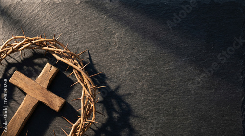 Crown of Thorns and Wooden Cross Flat Lay Good Friday Christian Symbol