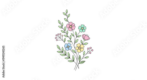 Cute minimal line art spring flowers bouquet illustration for spring celebration and decoration