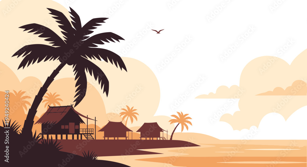 Obraz premium Tropical Beach Huts Under Palm Trees.