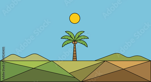 Stylized Palm Tree Under Bright Sun in Geometric Landscape.