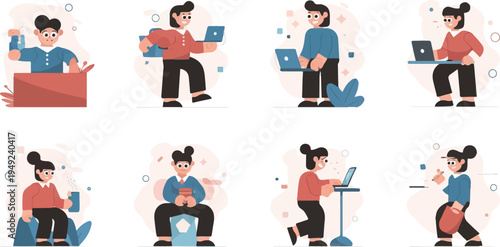 A collection of pixelated illustrations depicting people interacting with technology and objects