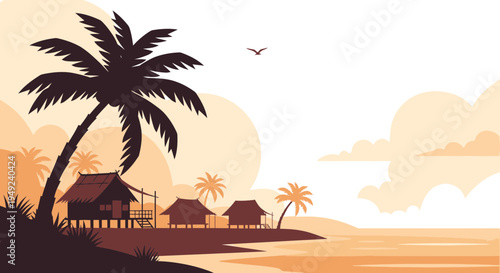 Tropical Beach Huts Under Palm Trees.