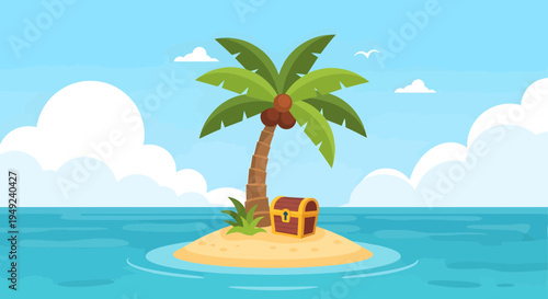 Treasure Chest on a Deserted Island with Palm Tree.