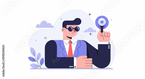 A businessman in a suit with sunglasses holds a magnifying glass to the right