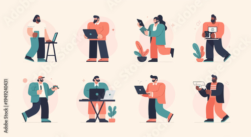 A collection of stylized figures interacting with modern technology
