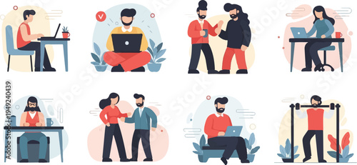 A collection of stylized flat illustrations depicting diverse work and leisure activities