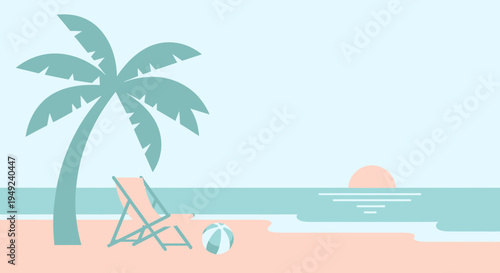 Tropical Beach Scene with Palm Tree and Beach Chair.