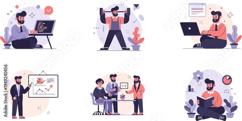 A collection of stylized illustrations depicting various human activities and work-related scenarios